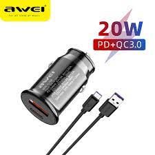 ЗУ-прикуриватель C-706 Awei USB+Type-C, 18W, кабель 1 м