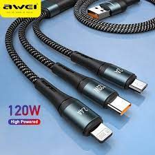 Awei CL-972 120 Вт 3-в-1 USB-C кабель супер быстрая зарядка кабели Micro Type c зарядка передачи данных для HUAWE iPhone